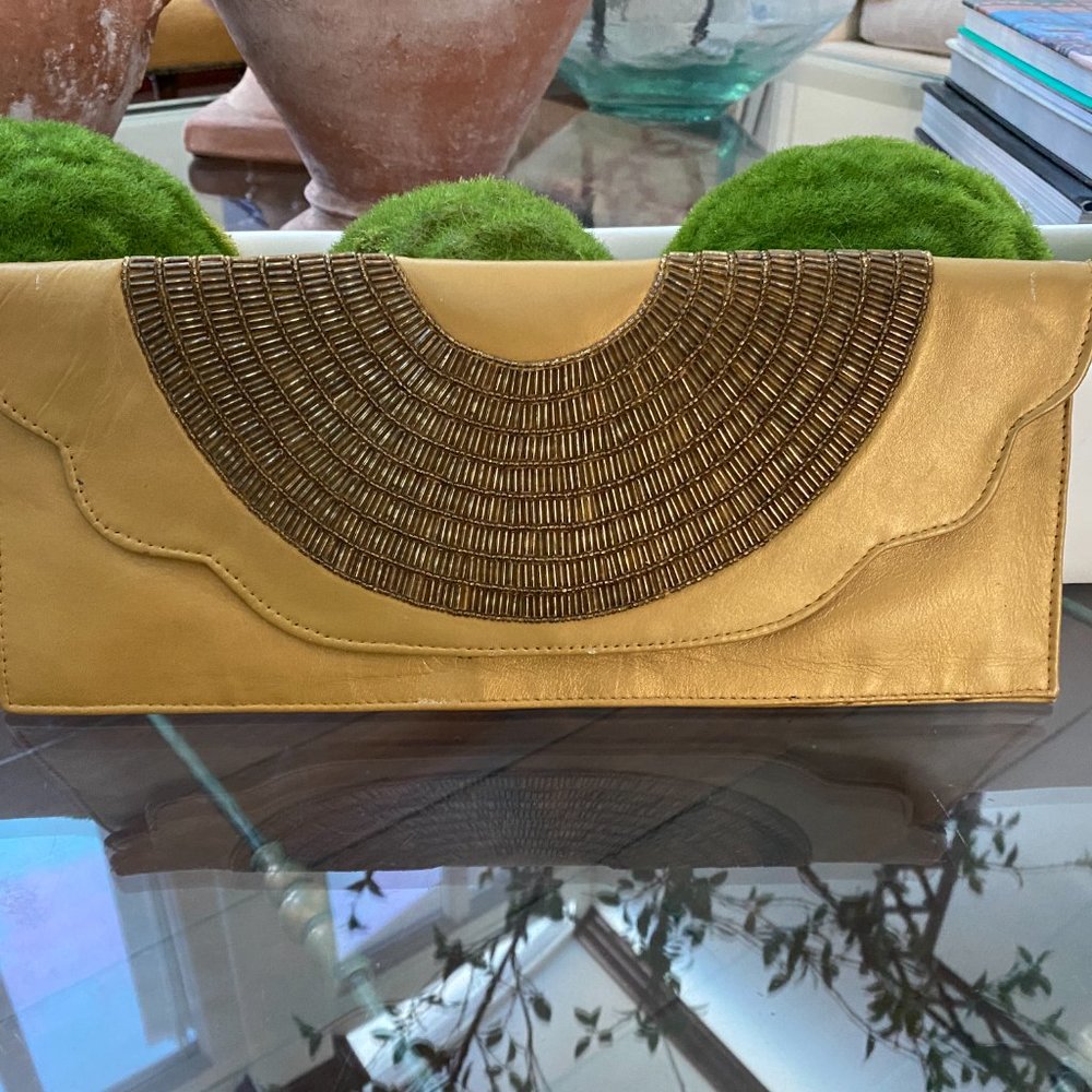 Moyna Mustard Yellow Gold Flat Beaded Clutch